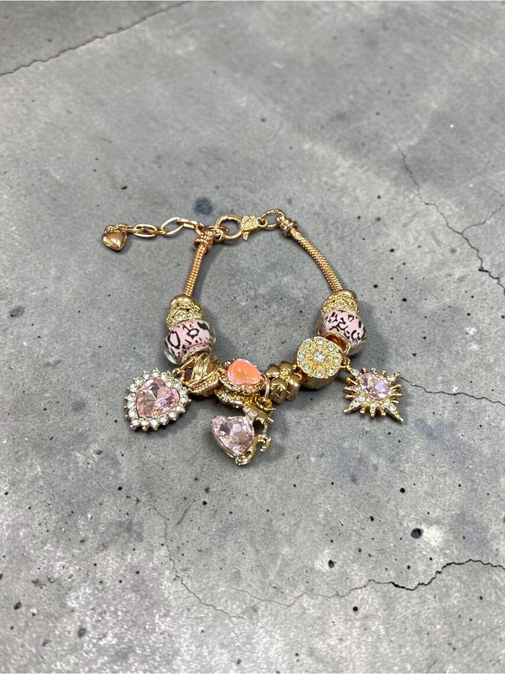 Gold Pink Charm Bracelet with Heart and Sun Pendants